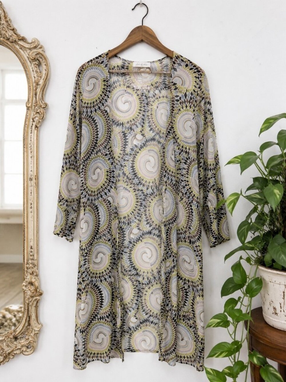 For de Vie 2X Sheer Open Front Duster Cardigan Geometric Spiral Print Boho - Picture 2 of 5